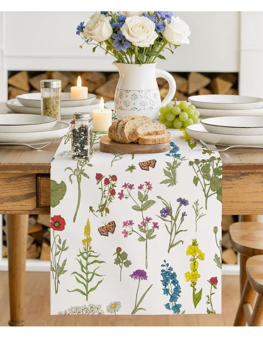 💐 Floral Table Runner in White with Multicolor Wildflower Print NEW